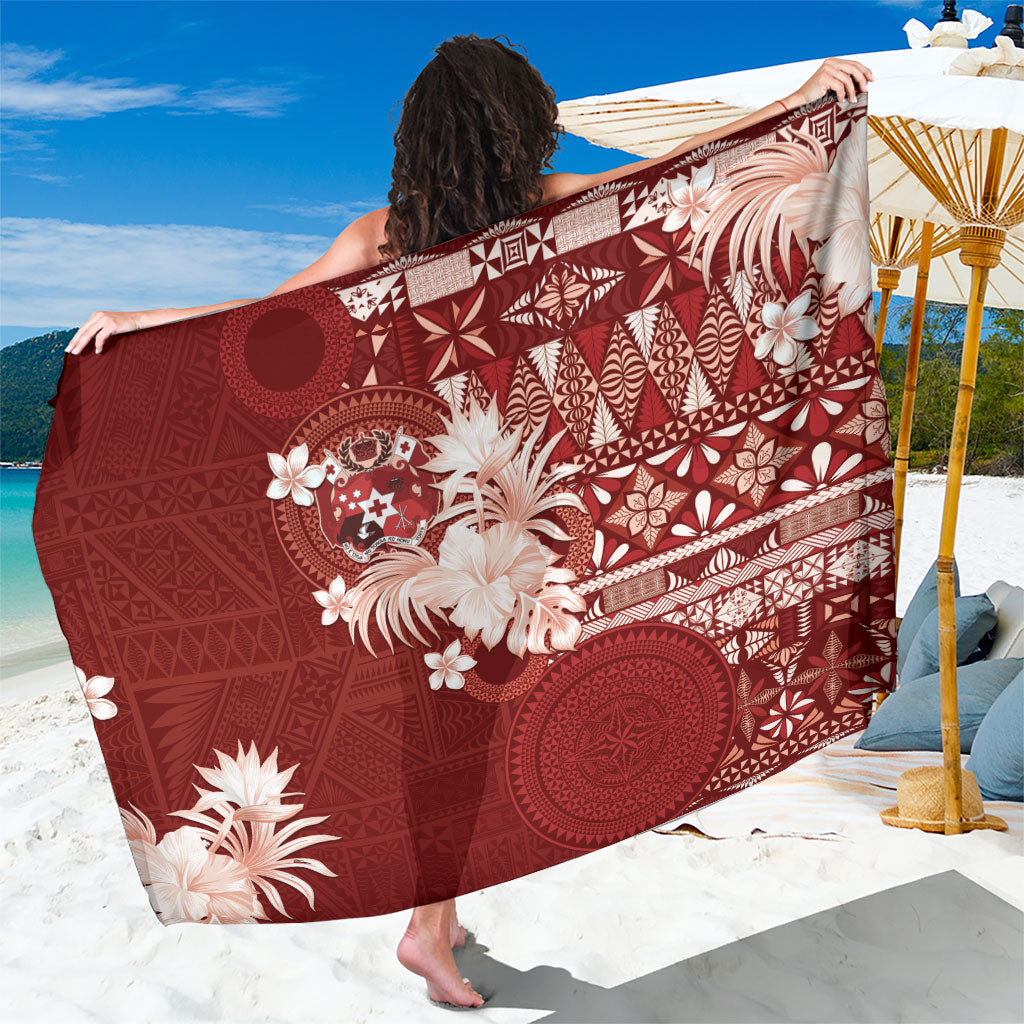 Tonga Ngatu Motifs Sarong With Coat Of Arms Red LT05 One Size 44 x 66 inches Red - Polynesian Pride