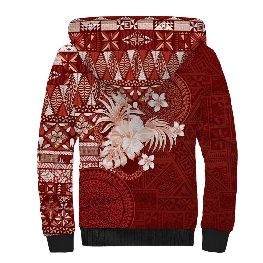 Tonga Ngatu Motifs Sherpa Hoodie With Coat Of Arms Red LT05 - Polynesian Pride