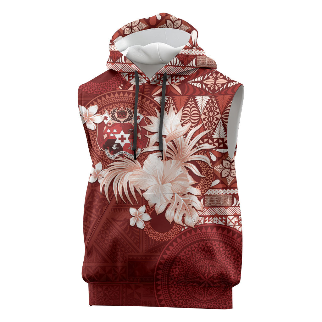 Tonga Ngatu Motifs Sleeveless Hoodie With Coat Of Arms Red