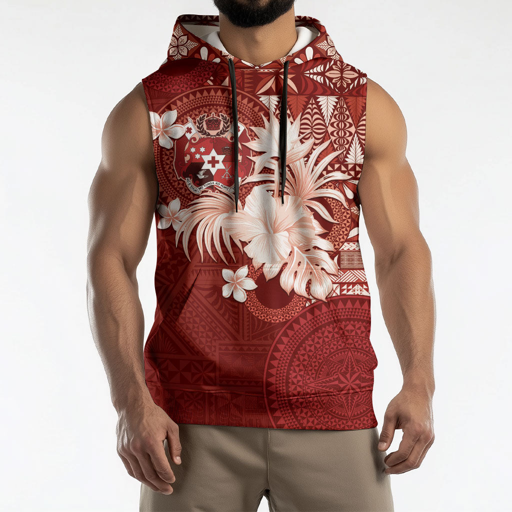 Tonga Ngatu Motifs Sleeveless Hoodie With Coat Of Arms Red LT05 - Polynesian Pride