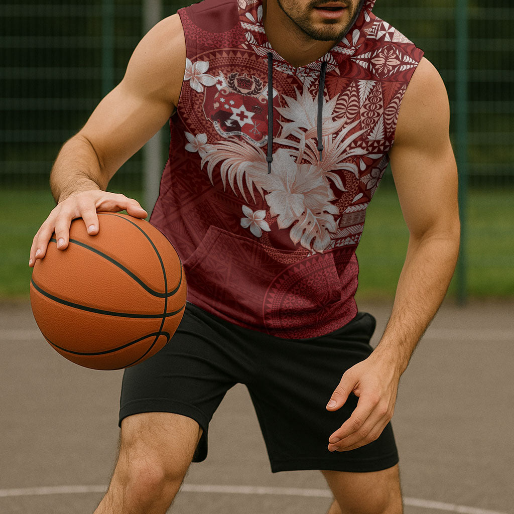 Tonga Ngatu Motifs Sleeveless Hoodie With Coat Of Arms Red LT05 - Polynesian Pride