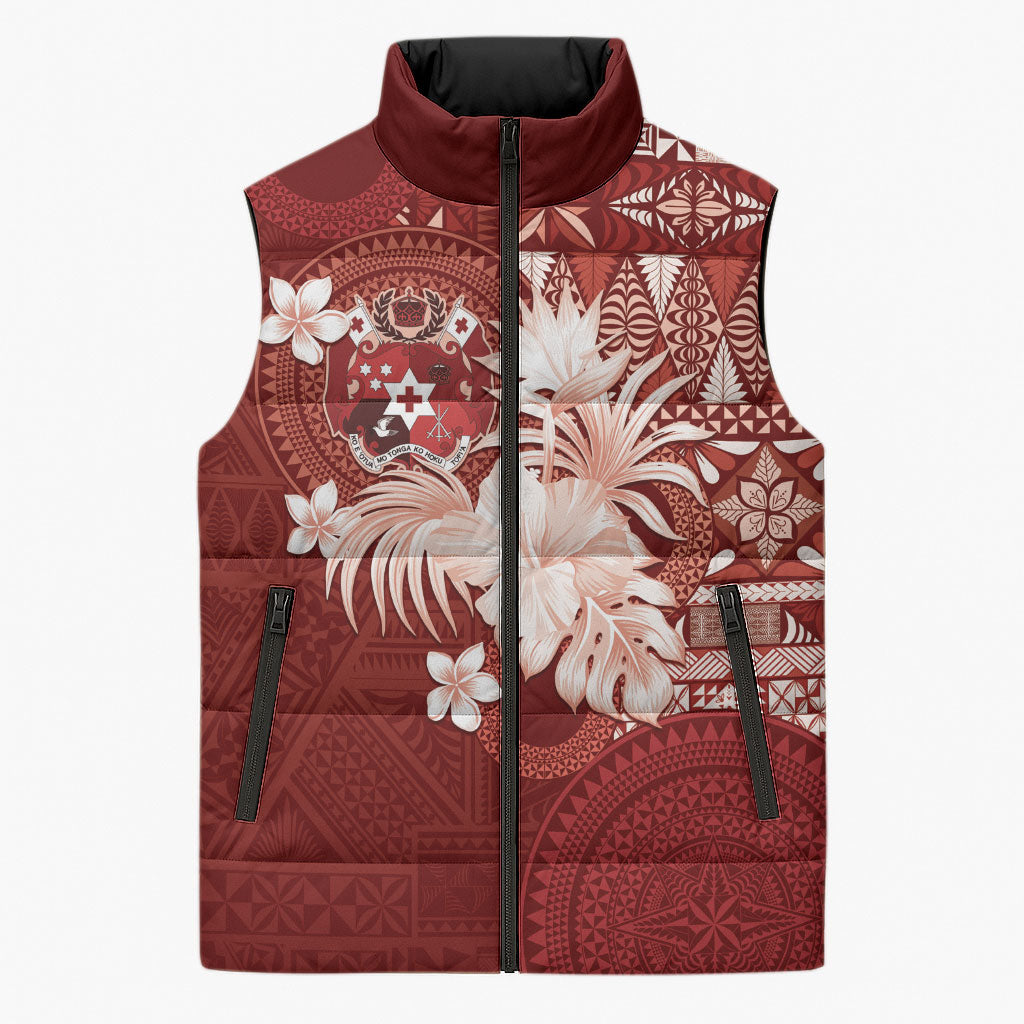 Tonga Ngatu Motifs Sleeveless Puffer Jacket With Coat Of Arms Red LT05 Unisex Red - Polynesian Pride