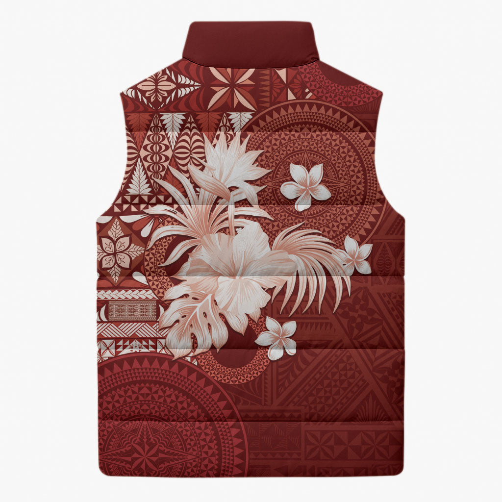 Tonga Ngatu Motifs Sleeveless Puffer Jacket With Coat Of Arms Red LT05 - Polynesian Pride