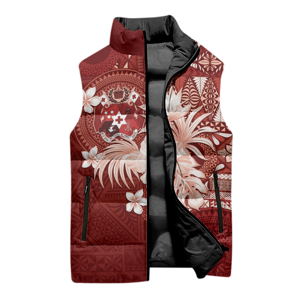 Tonga Ngatu Motifs Sleeveless Puffer Jacket With Coat Of Arms Red LT05 - Polynesian Pride