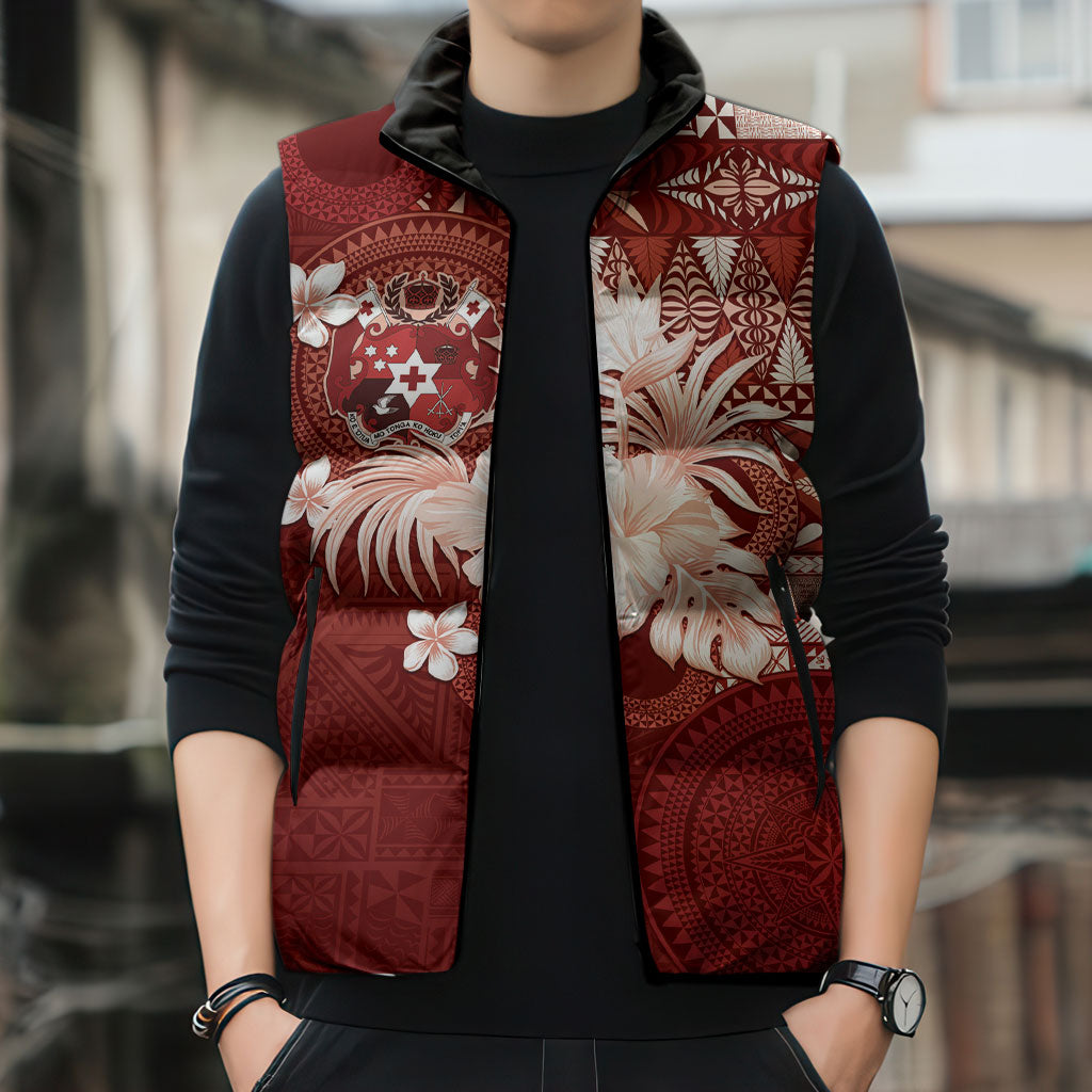 Tonga Ngatu Motifs Sleeveless Puffer Jacket With Coat Of Arms Red LT05 - Polynesian Pride