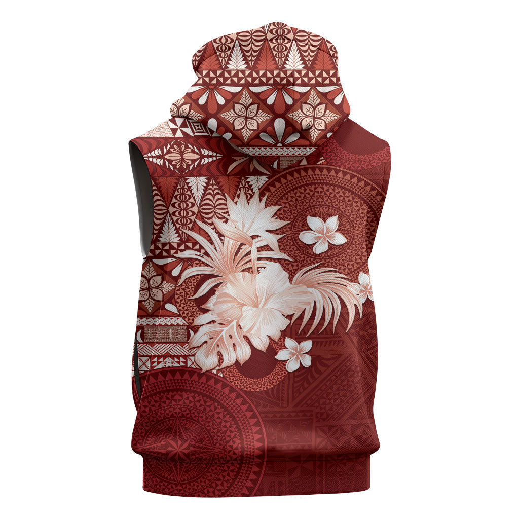 Tonga Ngatu Motifs Sleeveless Zip Hoodie With Coat Of Arms Red LT05 - Polynesian Pride