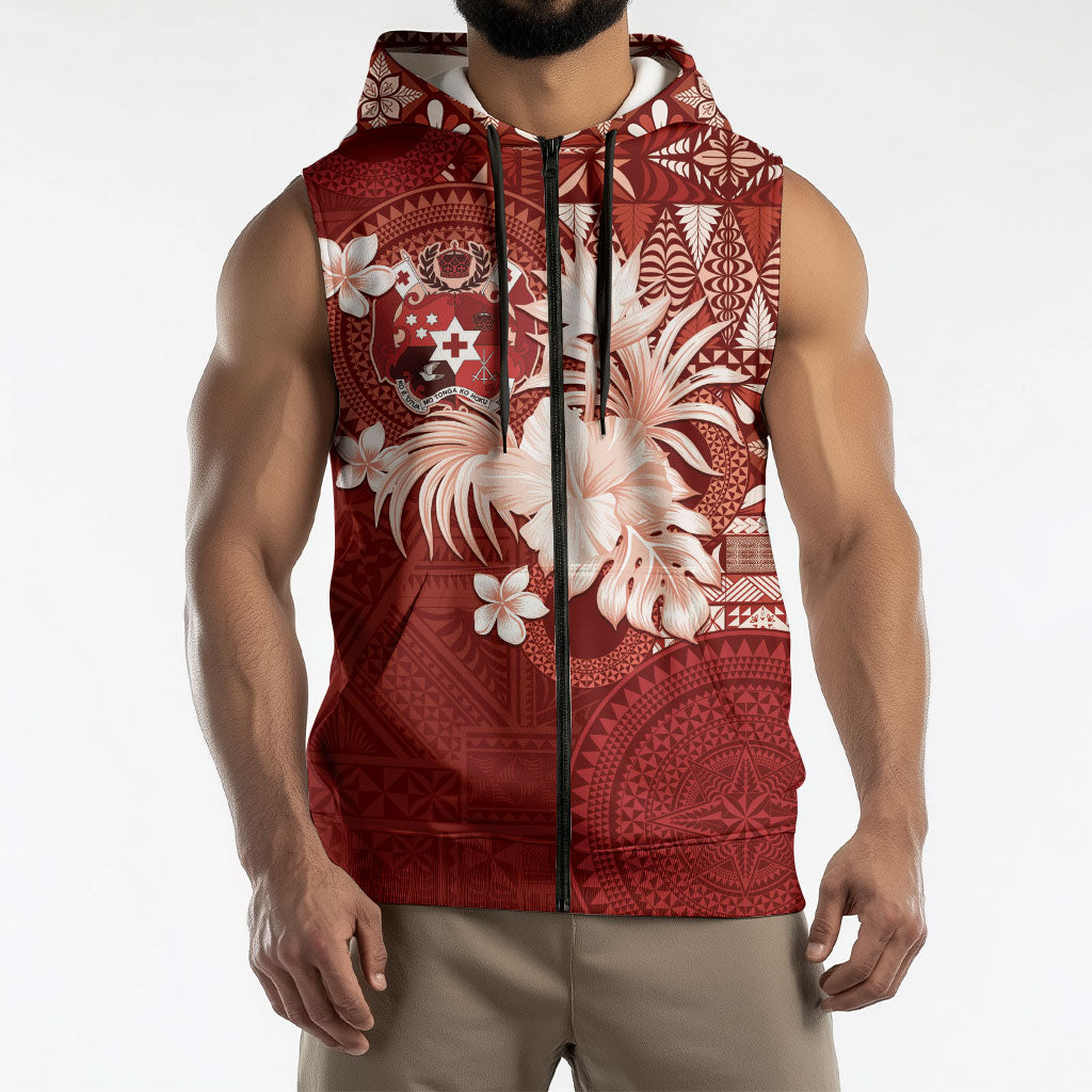Tonga Ngatu Motifs Sleeveless Zip Hoodie With Coat Of Arms Red LT05 - Polynesian Pride