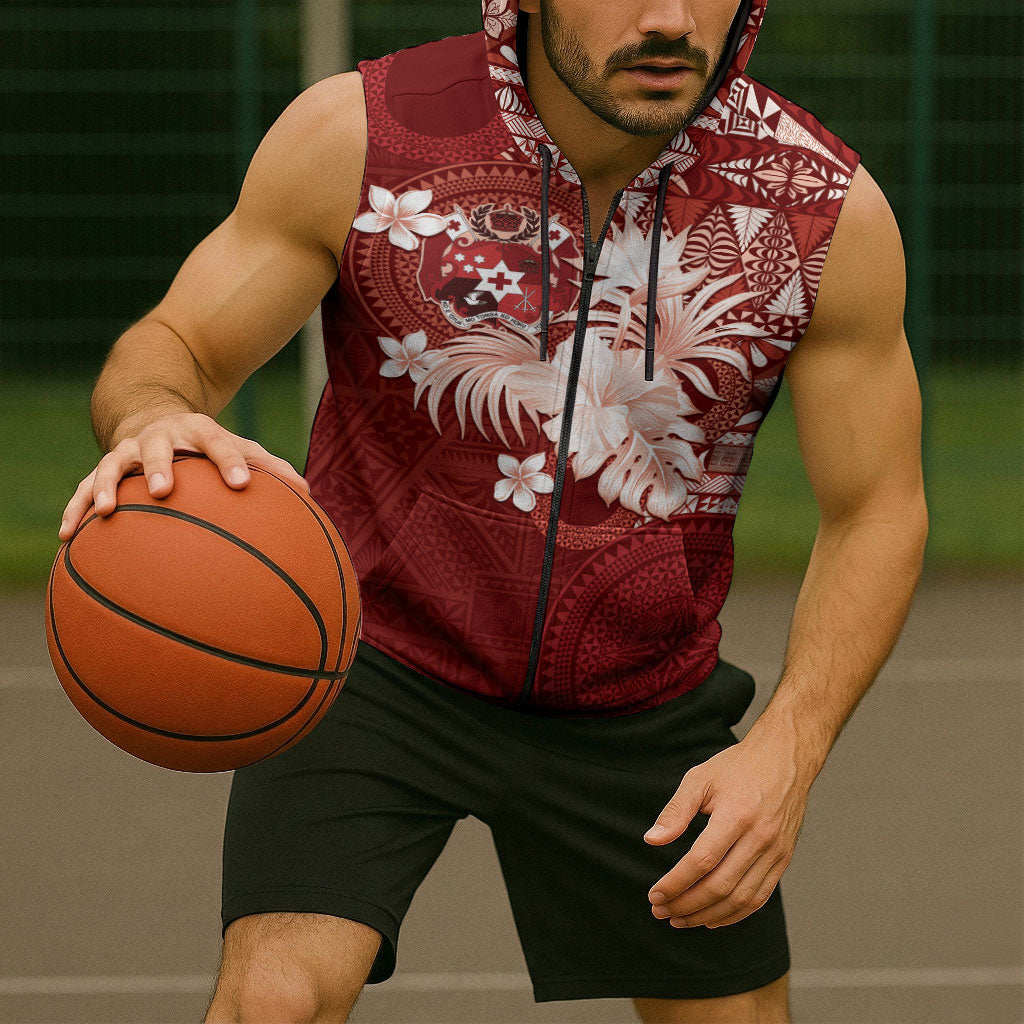Tonga Ngatu Motifs Sleeveless Zip Hoodie With Coat Of Arms Red LT05 - Polynesian Pride