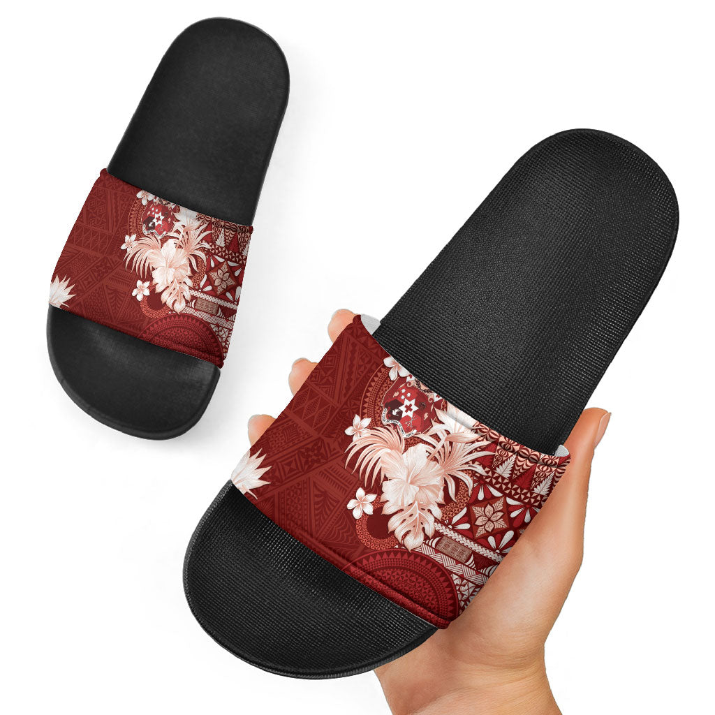 Tonga Ngatu Motifs Slide Sandals With Coat Of Arms Red LT05 - Polynesian Pride