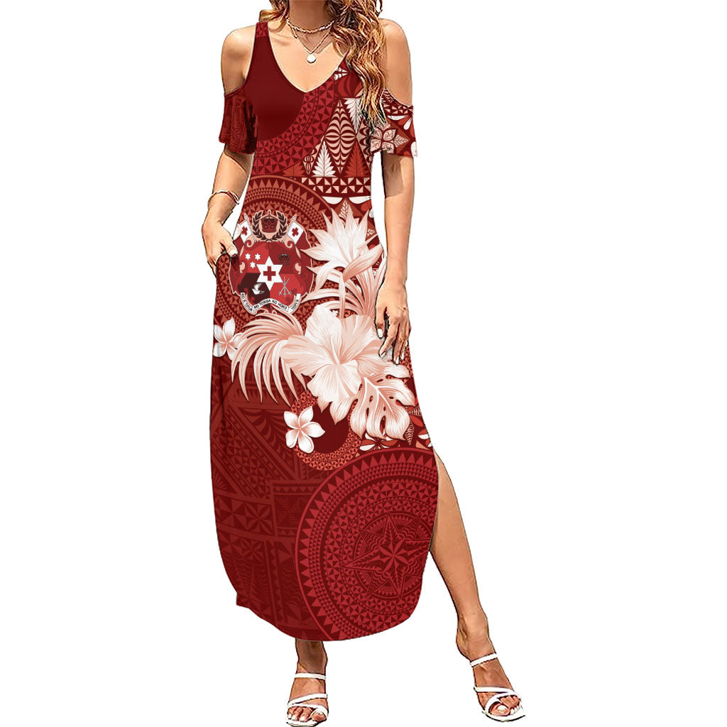 Tonga Ngatu Motifs Summer Maxi Dress With Coat Of Arms Red LT05 Women Red - Polynesian Pride