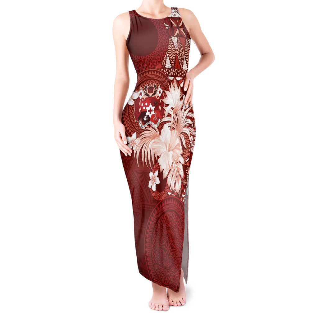 Tonga Ngatu Motifs Tank Maxi Dress With Coat Of Arms Red LT05 Women Red - Polynesian Pride