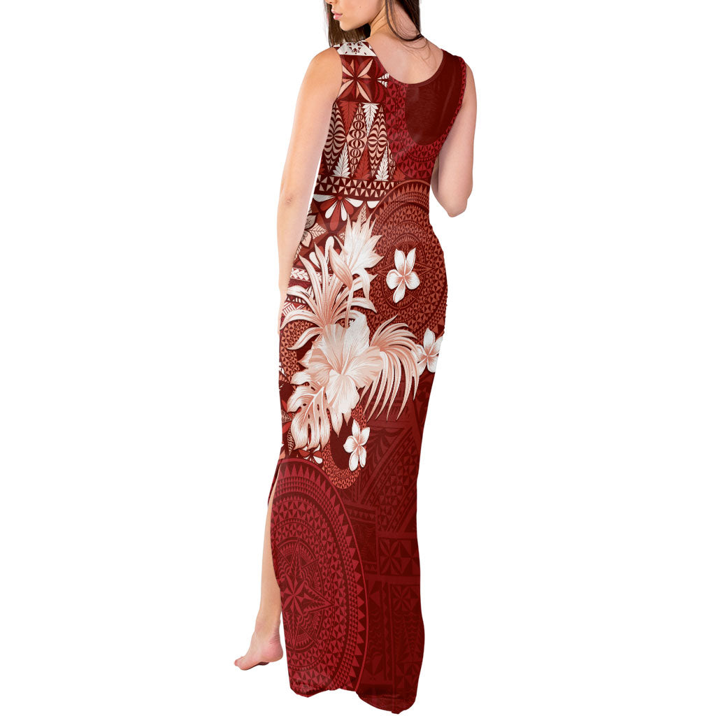 Tonga Ngatu Motifs Tank Maxi Dress With Coat Of Arms Red LT05 - Polynesian Pride