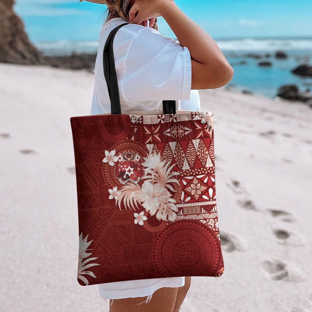 Tonga Ngatu Motifs Tote Bag With Coat Of Arms Red LT05 - Polynesian Pride
