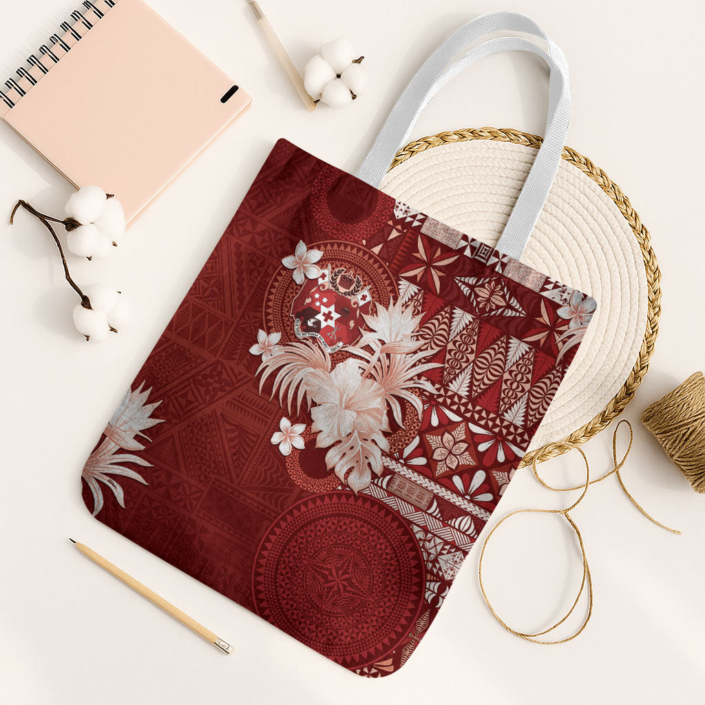 Tonga Ngatu Motifs Tote Bag With Coat Of Arms Red LT05 White Strap One Size Red - Polynesian Pride