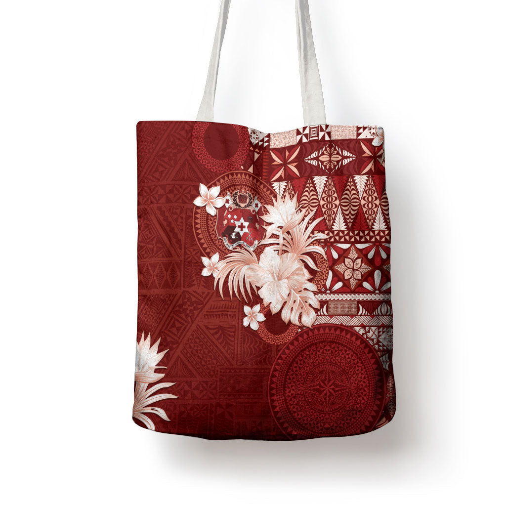 Tonga Ngatu Motifs Tote Bag With Coat Of Arms Red LT05 - Polynesian Pride