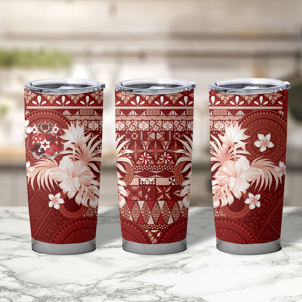 Tonga Ngatu Motifs Tumbler Cup With Coat Of Arms Red LT05 - Polynesian Pride