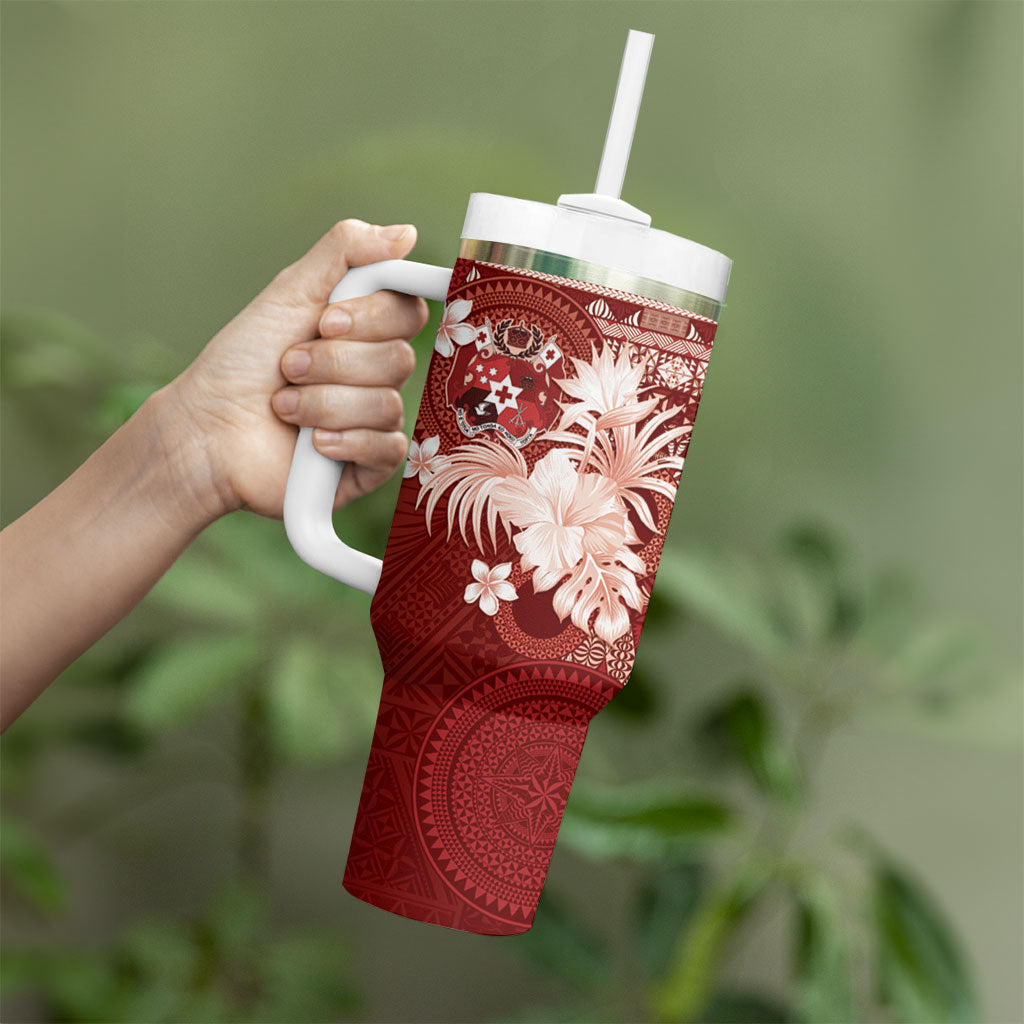 Tonga Ngatu Motifs Tumbler With Handle With Coat Of Arms Red LT05 - Polynesian Pride