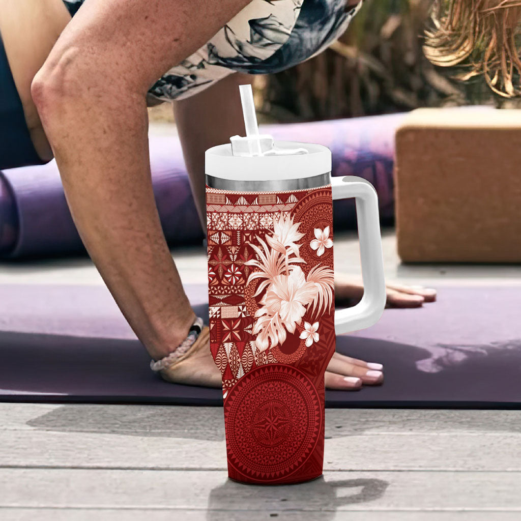 Tonga Ngatu Motifs Tumbler With Handle With Coat Of Arms Red LT05 - Polynesian Pride
