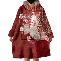 Tonga Ngatu Motifs Wearable Blanket Hoodie With Coat Of Arms Red LT05 - Polynesian Pride