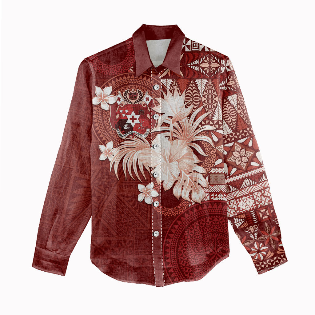 Tonga Ngatu Motifs Women Casual Shirt With Coat Of Arms Red LT05 - Polynesian Pride