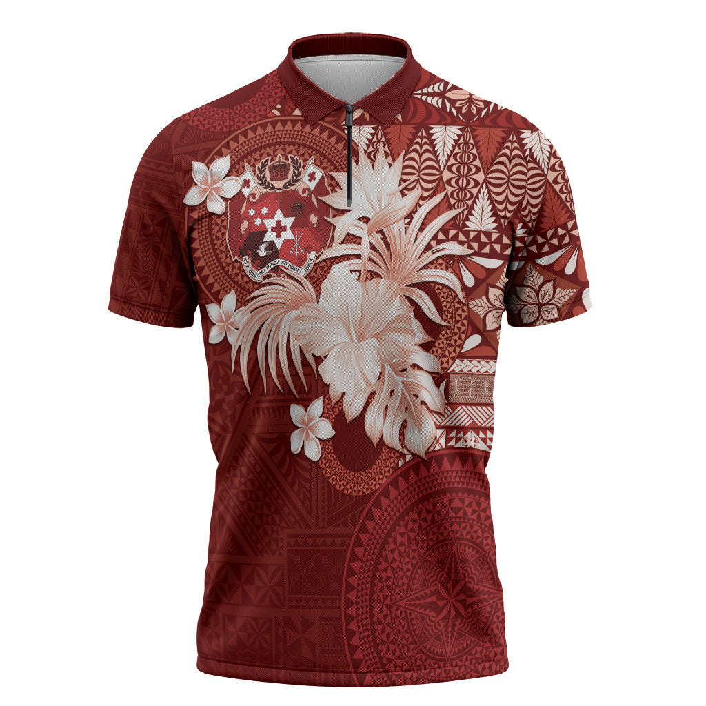 Tonga Ngatu Motifs Zipper Polo Shirt With Coat Of Arms Red LT05 Red - Polynesian Pride