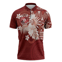 Tonga Ngatu Motifs Zipper Polo Shirt With Coat Of Arms Red LT05 Red - Polynesian Pride