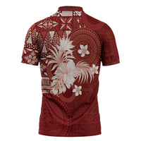 Tonga Ngatu Motifs Zipper Polo Shirt With Coat Of Arms Red LT05 - Polynesian Pride