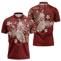 Tonga Ngatu Motifs Zipper Polo Shirt With Coat Of Arms Red LT05 - Polynesian Pride