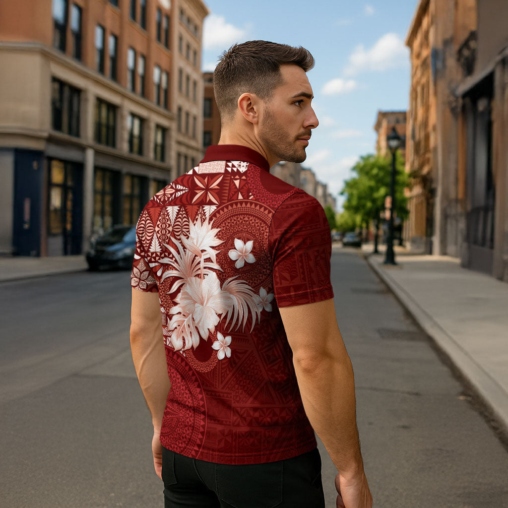 Tonga Ngatu Motifs Zipper Polo Shirt With Coat Of Arms Red LT05 - Polynesian Pride