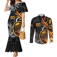 Personalised Papua New Guinea Couples Matching Mermaid Dress and Long Sleeve Button Shirt Happy 50th Independence Anniversary LT05 Black - Polynesian Pride