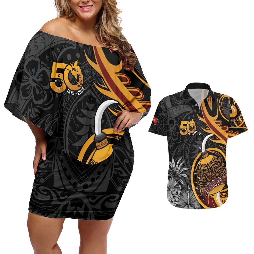 Personalised Papua New Guinea Couples Matching Off Shoulder Short Dress and Hawaiian Shirt Happy 50th Independence Anniversary - Polynesian Pride