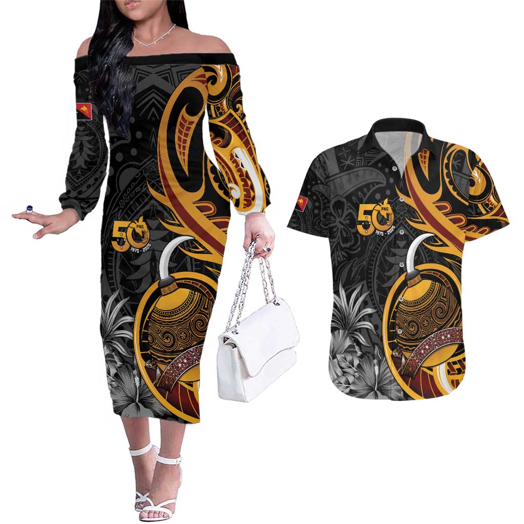 Personalised Papua New Guinea Couples Matching Off The Shoulder Long Sleeve Dress and Hawaiian Shirt Happy 50th Independence Anniversary - Polynesian Pride