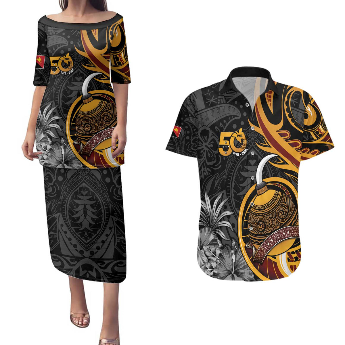 Personalised Papua New Guinea Couples Matching Puletasi and Hawaiian Shirt Happy 50th Independence Anniversary LT05 Black - Polynesian Pride