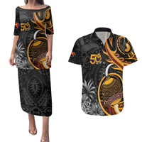 Personalised Papua New Guinea Couples Matching Puletasi and Hawaiian Shirt Happy 50th Independence Anniversary LT05 Black - Polynesian Pride