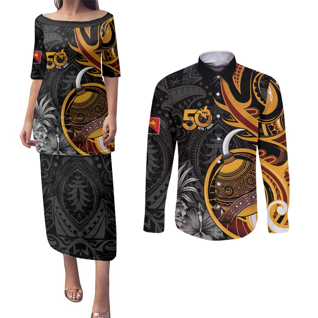 Personalised Papua New Guinea Couples Matching Puletasi and Long Sleeve Button Shirt Happy 50th Independence Anniversary LT05 Black - Polynesian Pride