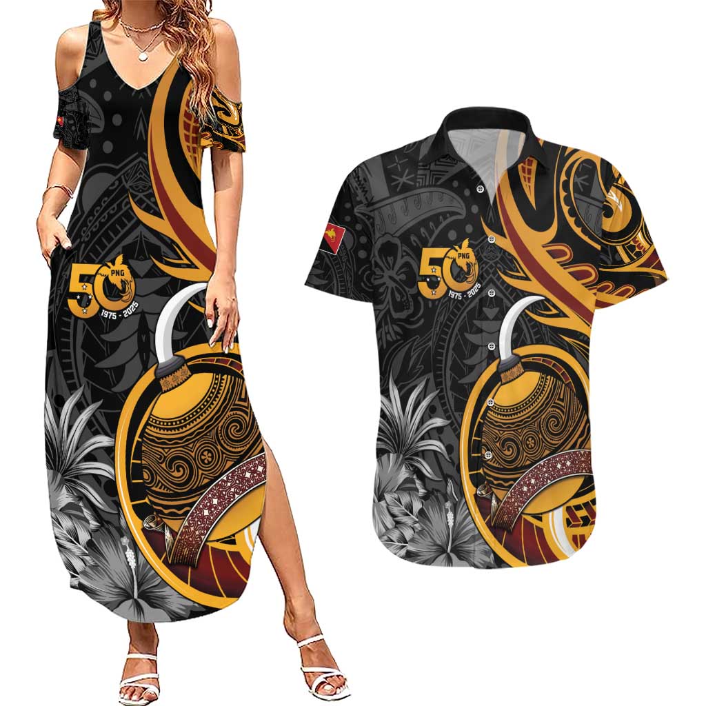 Personalised Papua New Guinea Couples Matching Summer Maxi Dress and Hawaiian Shirt Happy 50th Independence Anniversary LT05 Black - Polynesian Pride