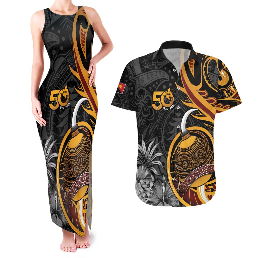 Personalised Papua New Guinea Couples Matching Tank Maxi Dress and Hawaiian Shirt Happy 50th Independence Anniversary - Polynesian Pride