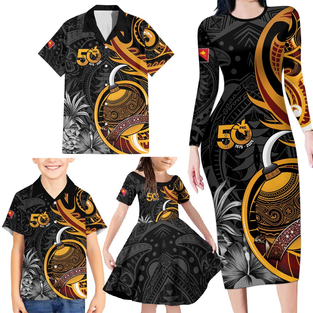 Personalised Papua New Guinea Family Matching Long Sleeve Bodycon Dress and Hawaiian Shirt Happy 50th Independence Anniversary - Polynesian Pride