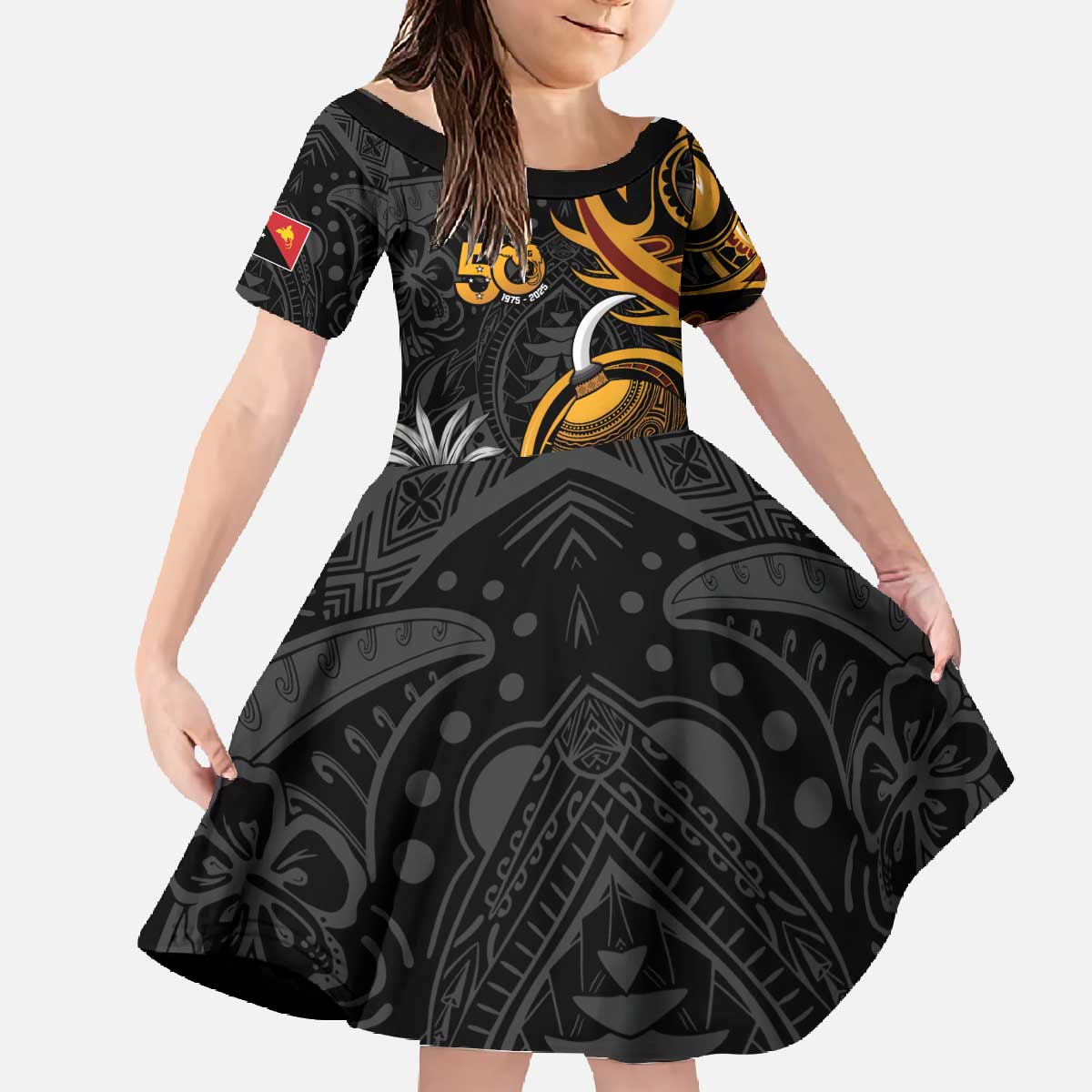 Personalised Papua New Guinea Family Matching Off The Shoulder Long Sleeve Dress and Hawaiian Shirt Happy 50th Independence Anniversary LT05 Daughter's Dress Black - Polynesian Pride