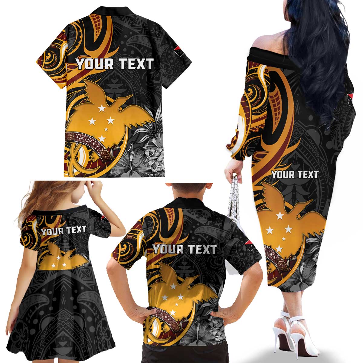 Personalised Papua New Guinea Family Matching Off The Shoulder Long Sleeve Dress and Hawaiian Shirt Happy 50th Independence Anniversary LT05 - Polynesian Pride