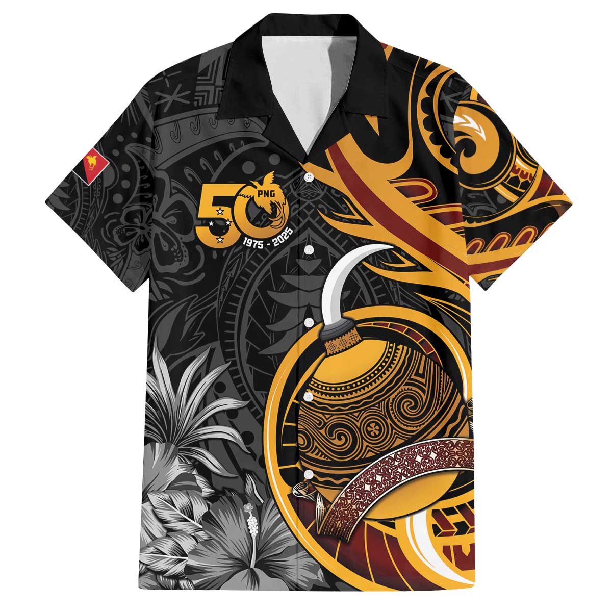 Personalised Papua New Guinea Family Matching Off The Shoulder Long Sleeve Dress and Hawaiian Shirt Happy 50th Independence Anniversary LT05 Dad's Shirt - Short Sleeve Black - Polynesian Pride