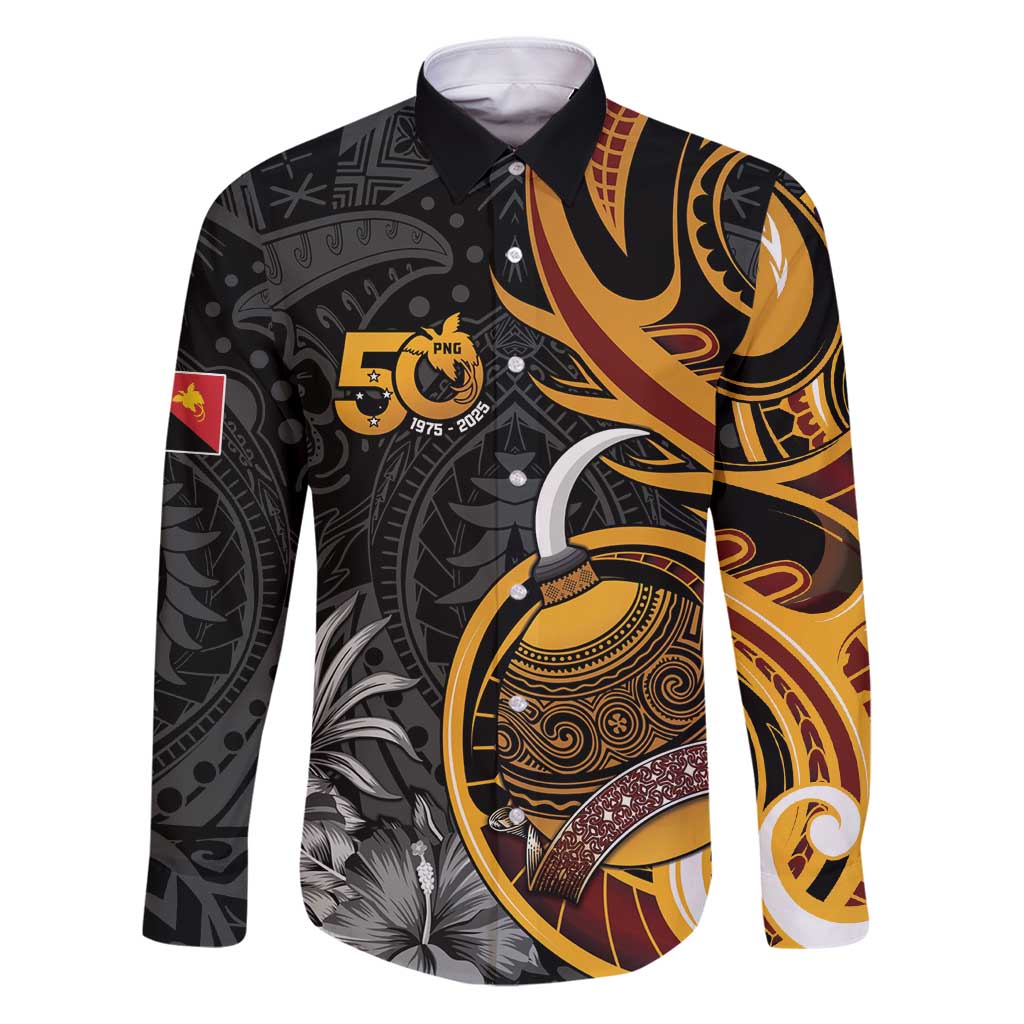 Personalised Papua New Guinea Family Matching Puletasi and Hawaiian Shirt Happy 50th Independence Anniversary LT05 Dad's Shirt - Long Sleeve Black - Polynesian Pride
