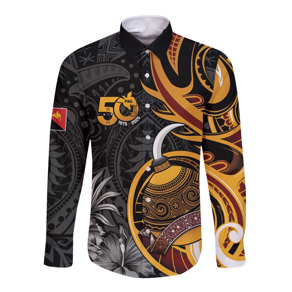 Personalised Papua New Guinea Long Sleeve Button Shirt Happy 50th Independence Anniversary LT05 Unisex Black - Polynesian Pride