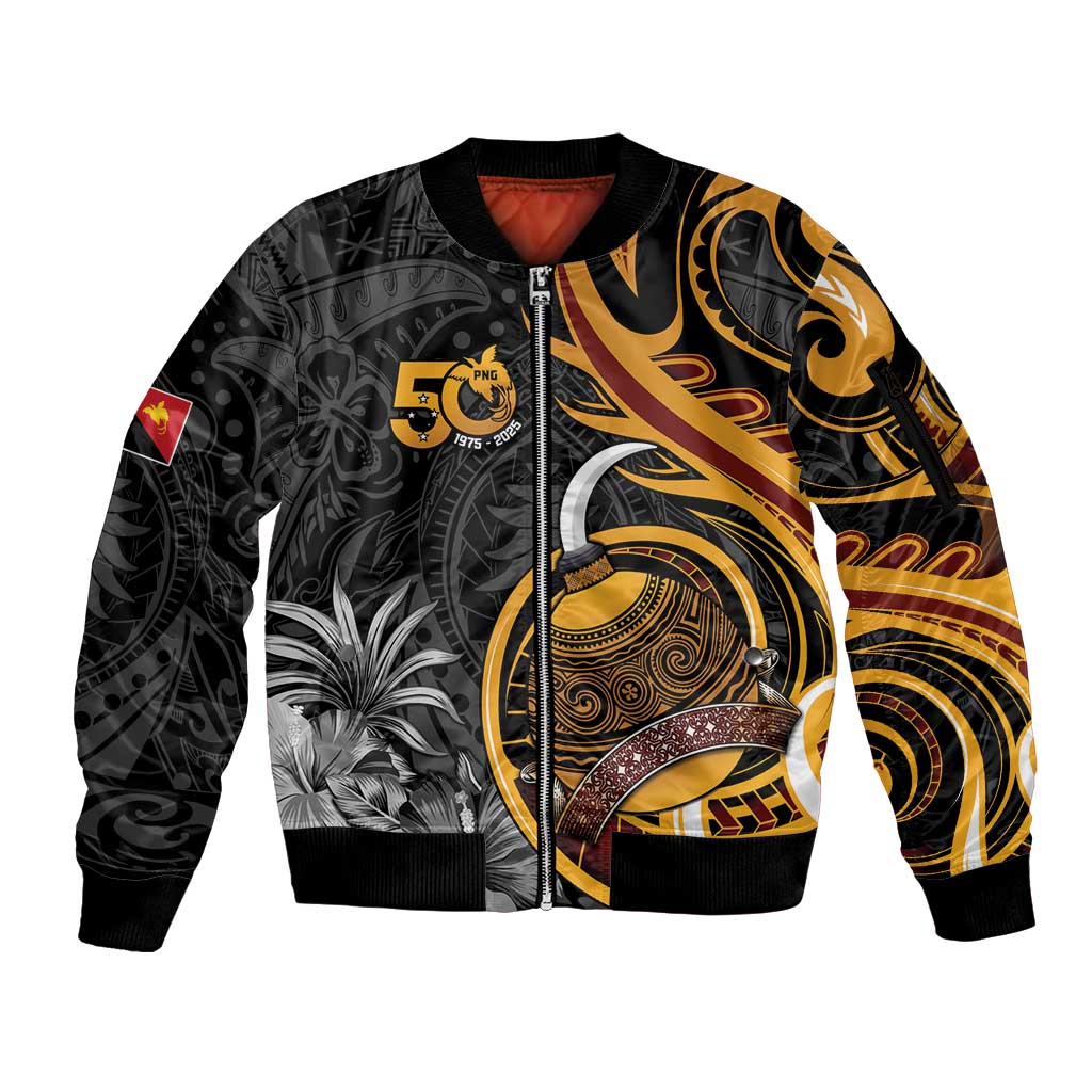 Personalised Papua New Guinea Sleeve Zip Bomber Jacket Happy 50th Independence Anniversary - Polynesian Pride