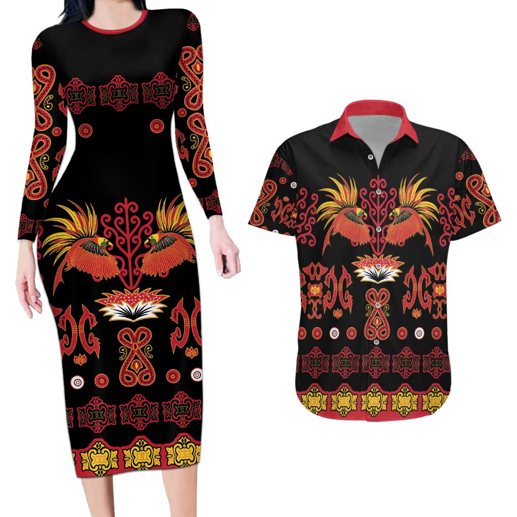 Papua Batik Motif Couples Matching Long Sleeve Bodycon Dress and Hawaiian Shirt Papua Spirit Black Version - Polynesian Pride