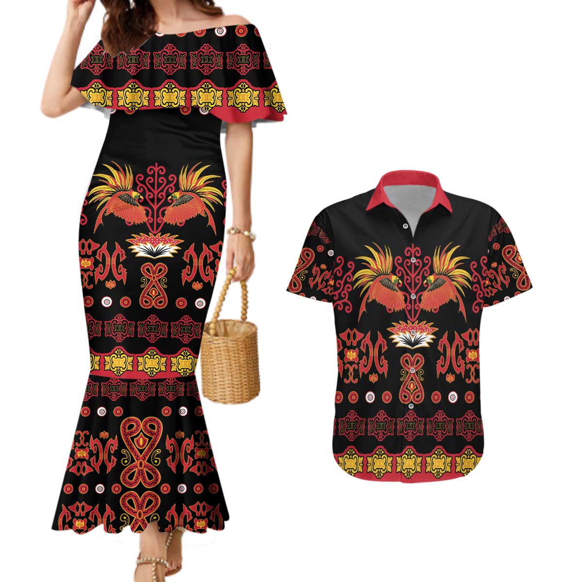 Papua Batik Motif Couples Matching Mermaid Dress and Hawaiian Shirt Papua Spirit Black Version - Polynesian Pride