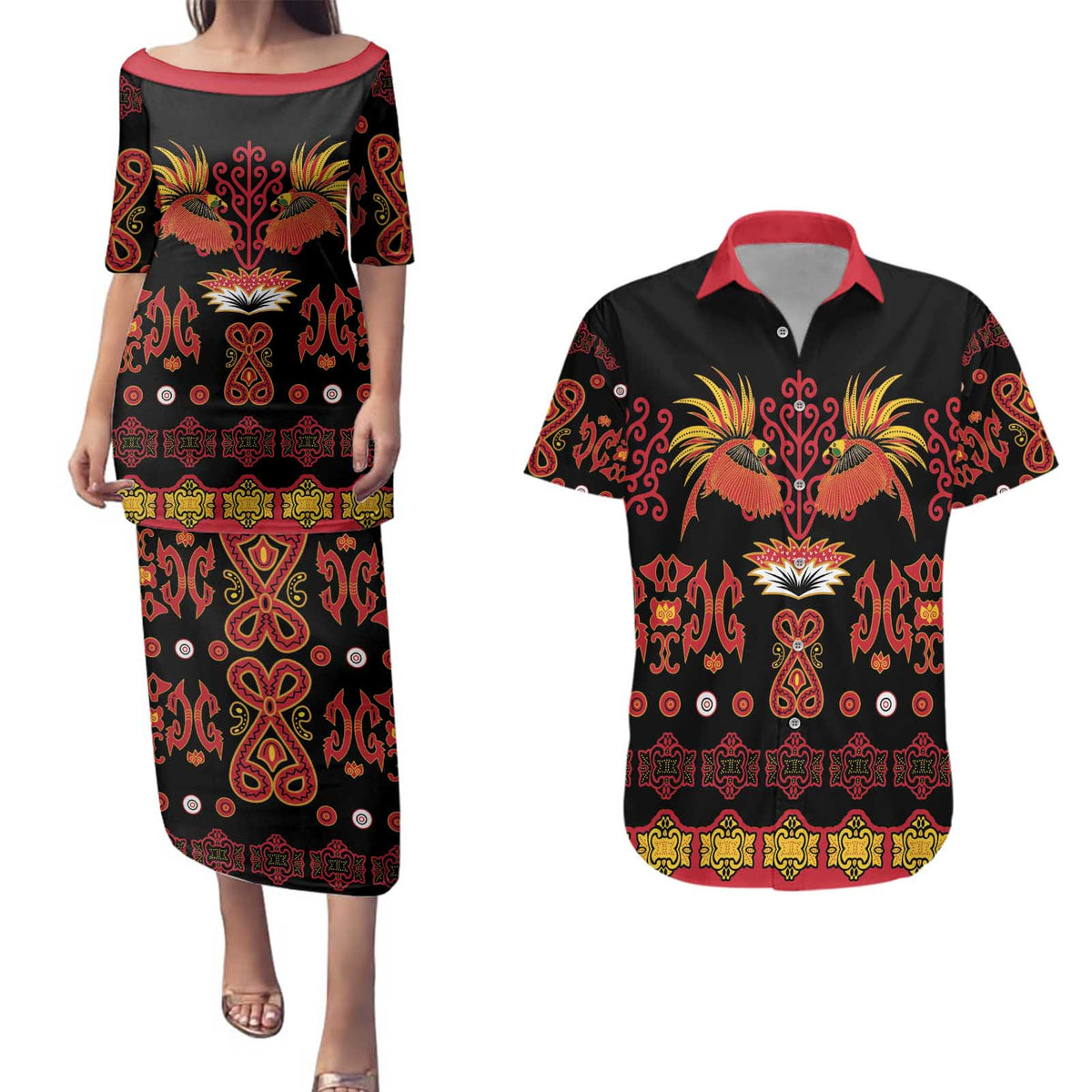 Papua Batik Motif Couples Matching Puletasi and Hawaiian Shirt Papua Spirit Black Version LT05 Black - Polynesian Pride
