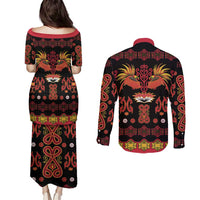 Papua Batik Motif Couples Matching Puletasi and Long Sleeve Button Shirt Papua Spirit Black Version LT05 - Polynesian Pride