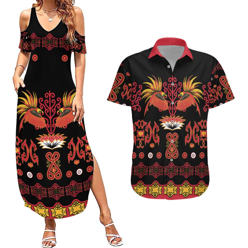 Papua Batik Motif Couples Matching Summer Maxi Dress and Hawaiian Shirt Papua Spirit Black Version - Polynesian Pride