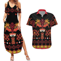 Papua Batik Motif Couples Matching Summer Maxi Dress and Hawaiian Shirt Papua Spirit Black Version - Polynesian Pride